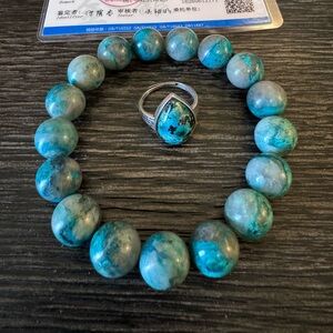 Chrysocolla Bead Bracelet and Ring Set - s925 silver Gemstone Jewelry
